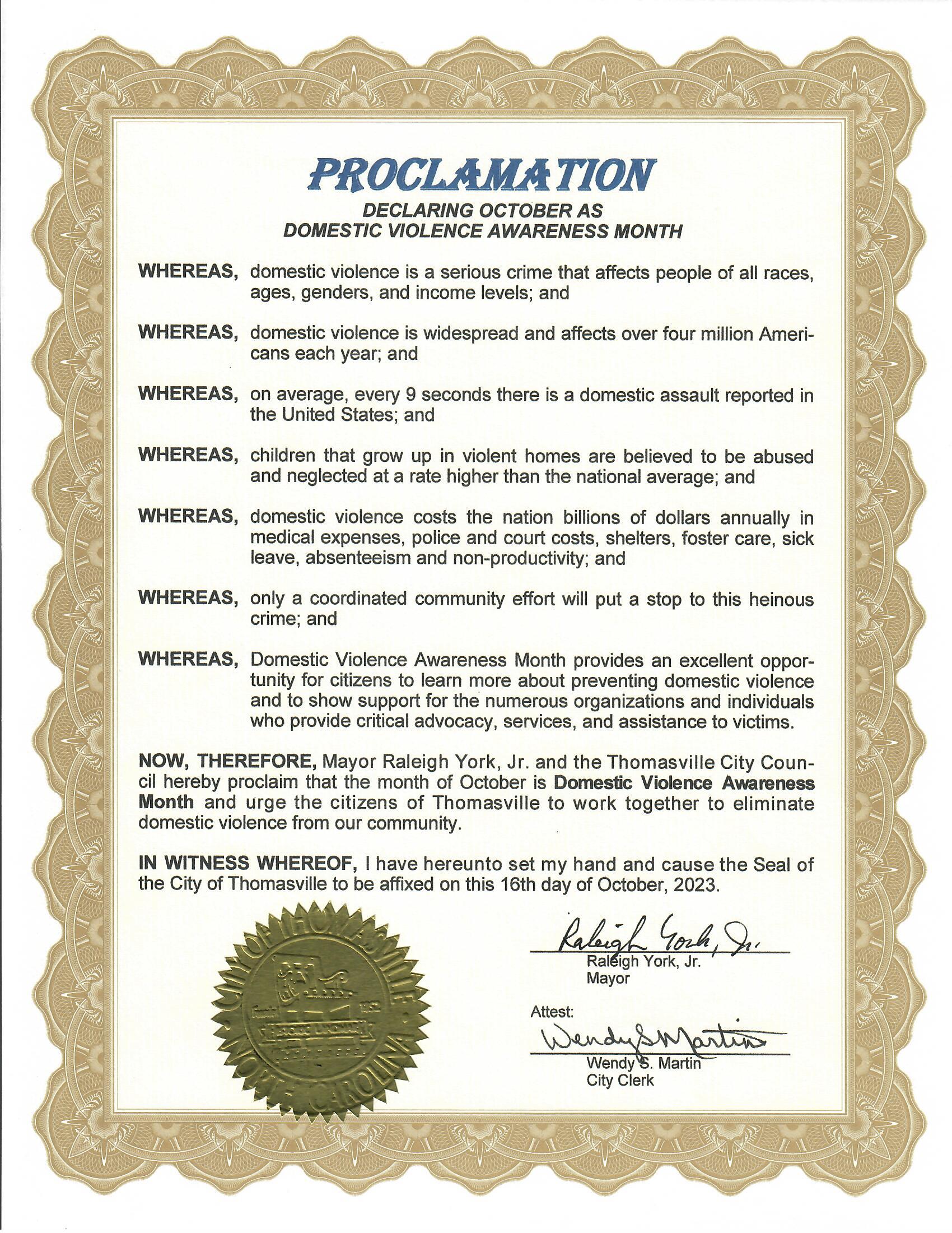 Domestic Violence Month Proclamation October 2023